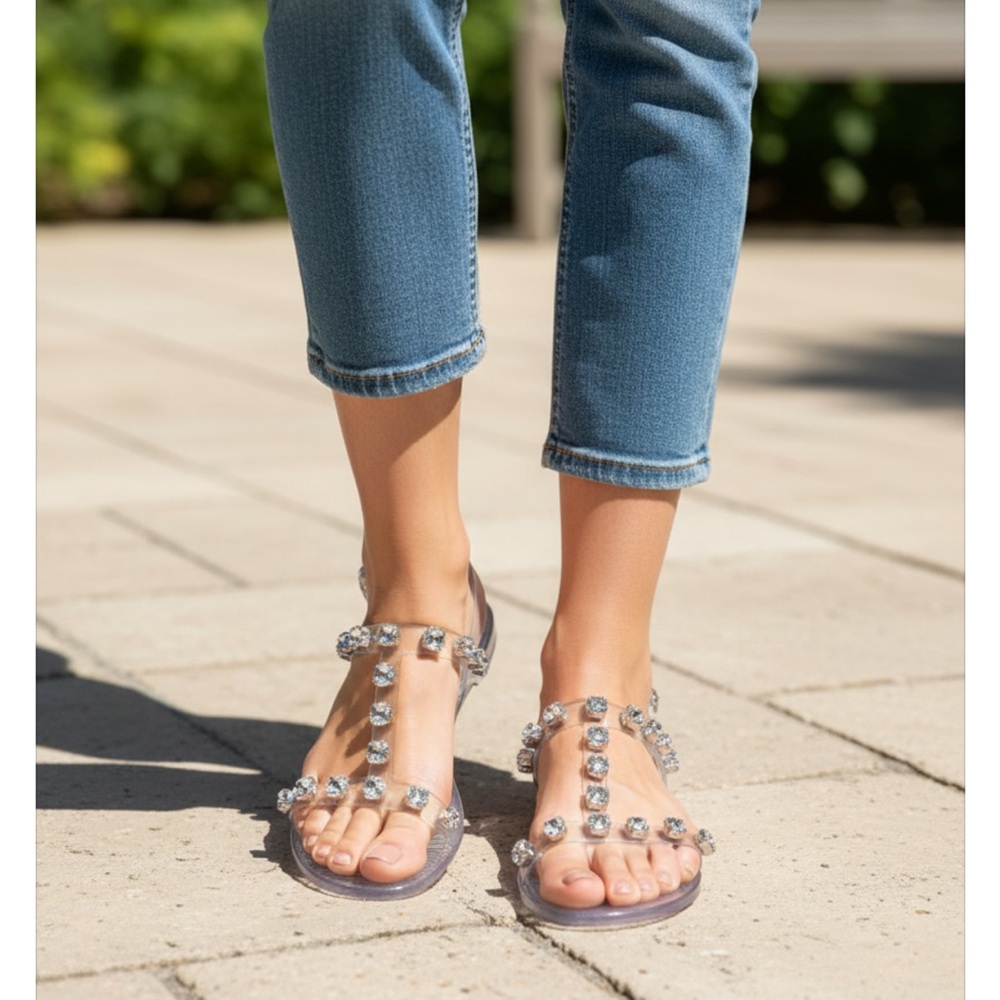 Aqua Silver-Studded Clear Sandals Size 10 NWT With Box.